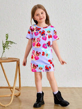 Young Girls' Cartoon Print Comfortable Round Neck Short Sleeve T-Shirt Dress, Children Outdoor Casual Vacation Mid-Length Dress, Summer